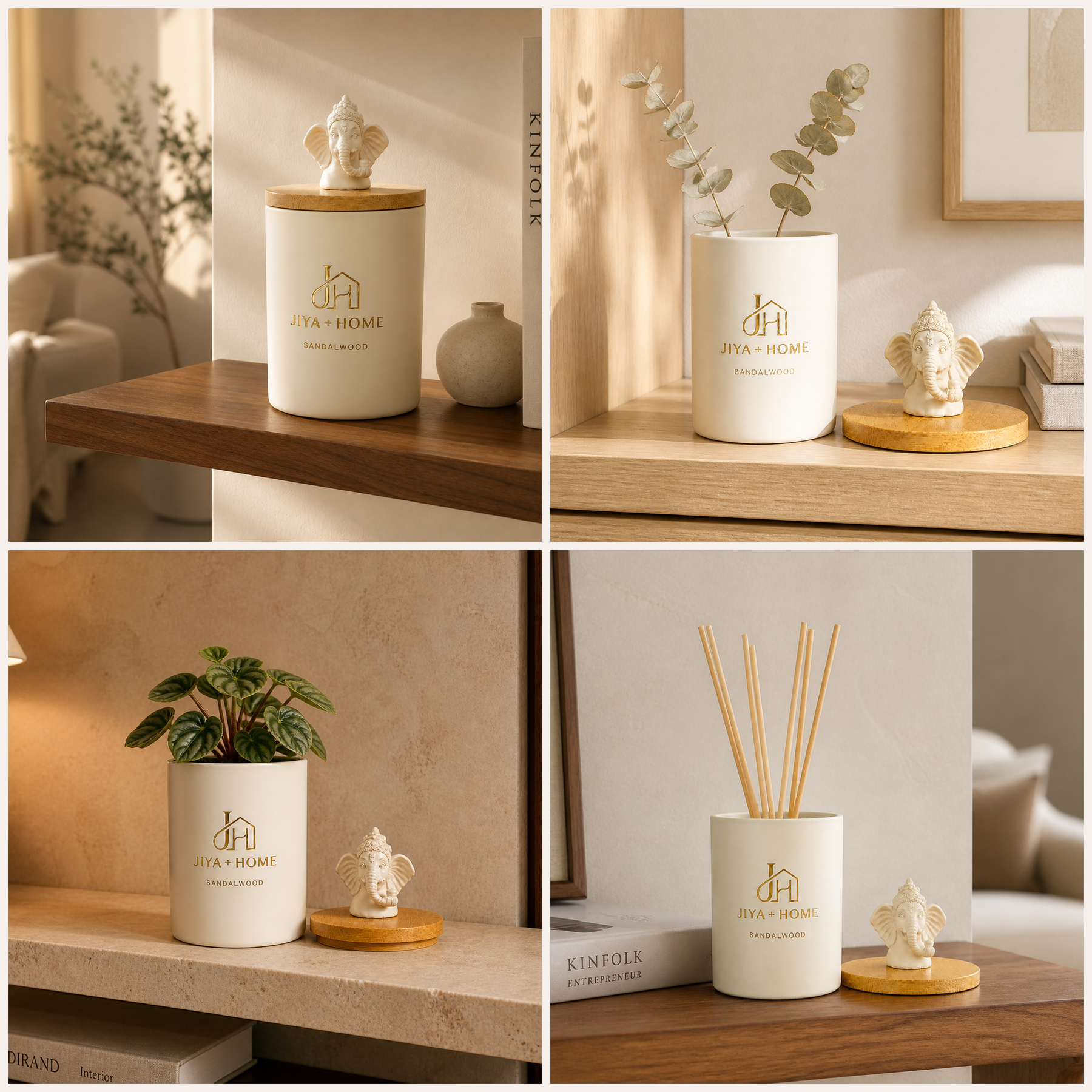A lit Jiya and Home candle with its porcelain keepsake